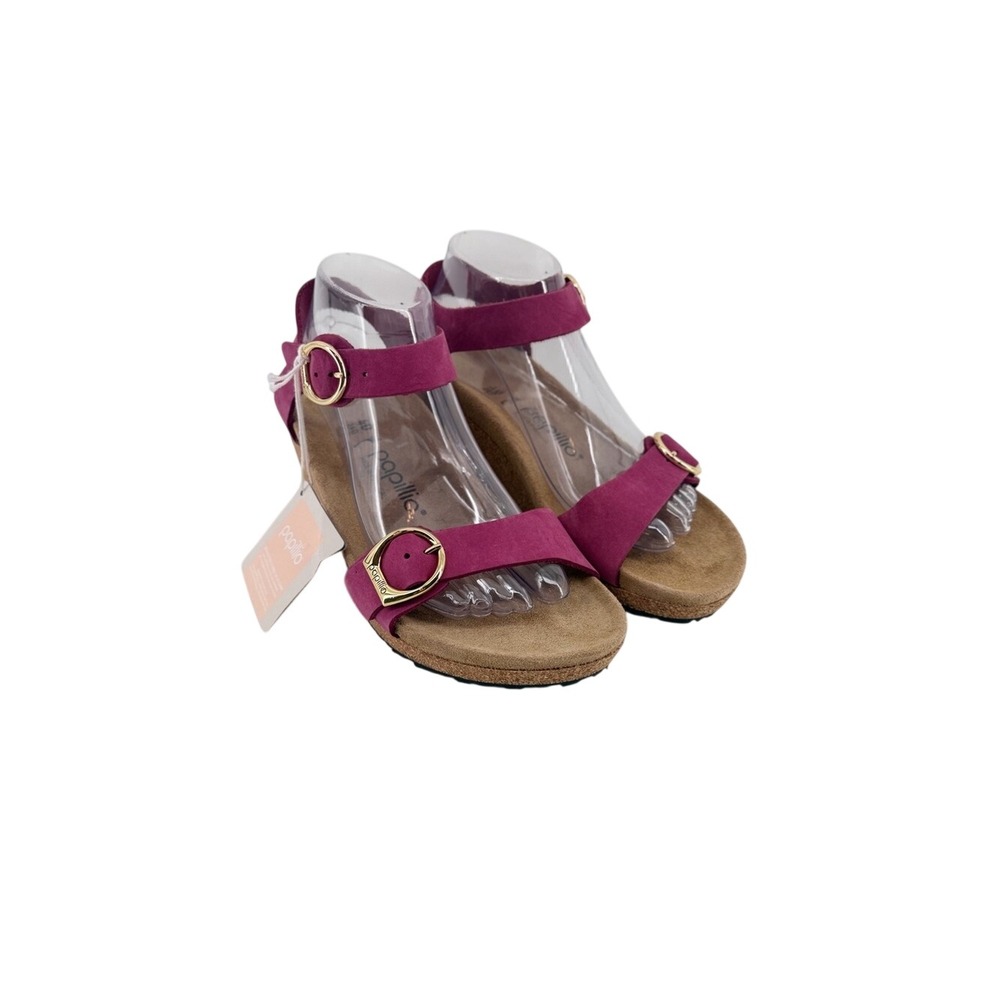 Papillio Birkenstock Namika Fuchsia Nubuck Leather Wedge Sandals Gold Buckle 40